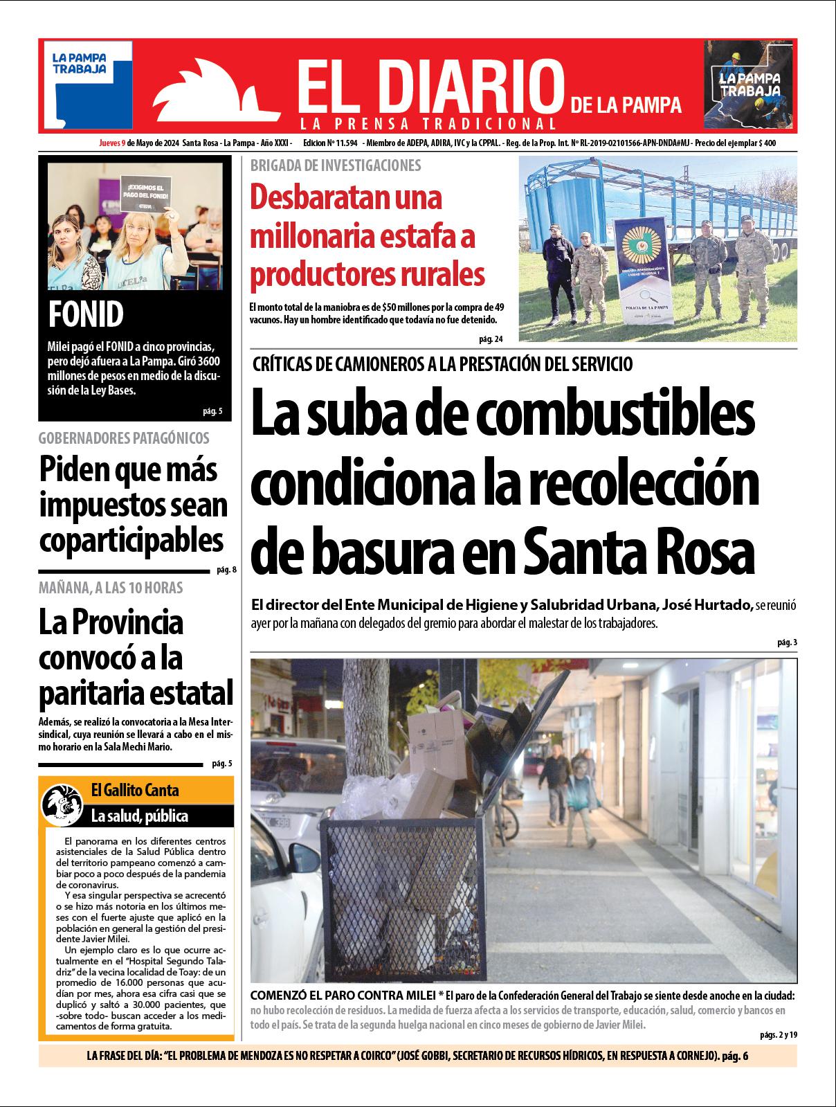 Tapa de El Diario en papel  jueves 09 de mayo de 2024